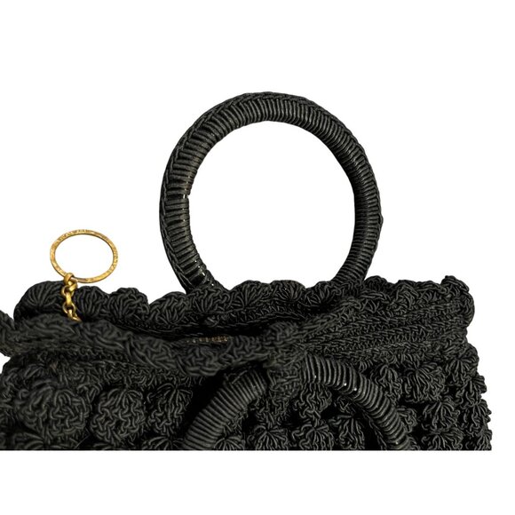 Vintage Black Crocheted Popcorn Stitch Handbag Small Purse Mid Century Used - Picture 5 of 16